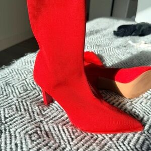 stradivarius Red Stretch Pointed-Toe Mid-Heel Sock Boots